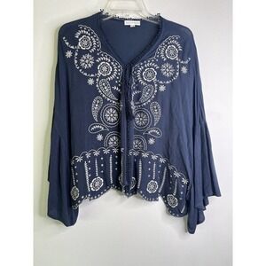 Coco & Jaimeson Small Boho Blouse Shirt VNreck Crochet Embroidered Blue